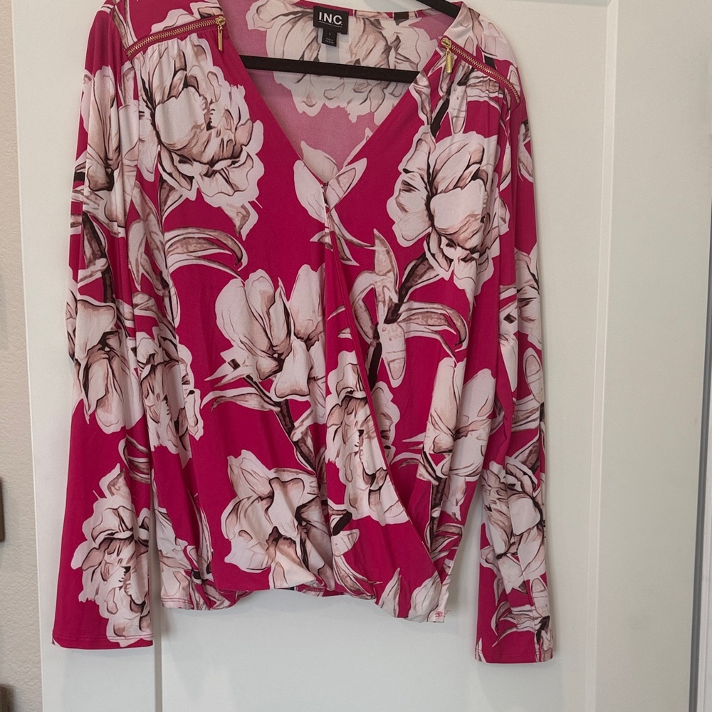 INC International Concepts Women's Fuchsia and Cream Floral Blouse
